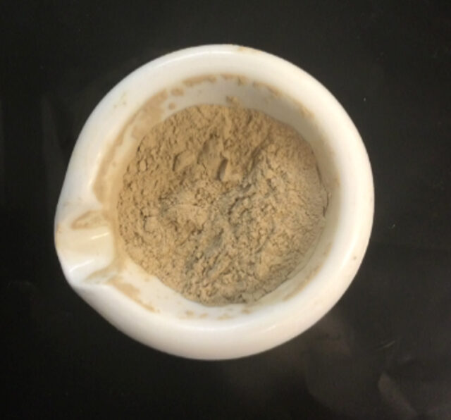 A picture of fucoidan in a white bowl, which looks like beige powder.