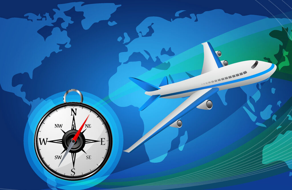 Et illustrasjonsbilde av et fly og et kompass.