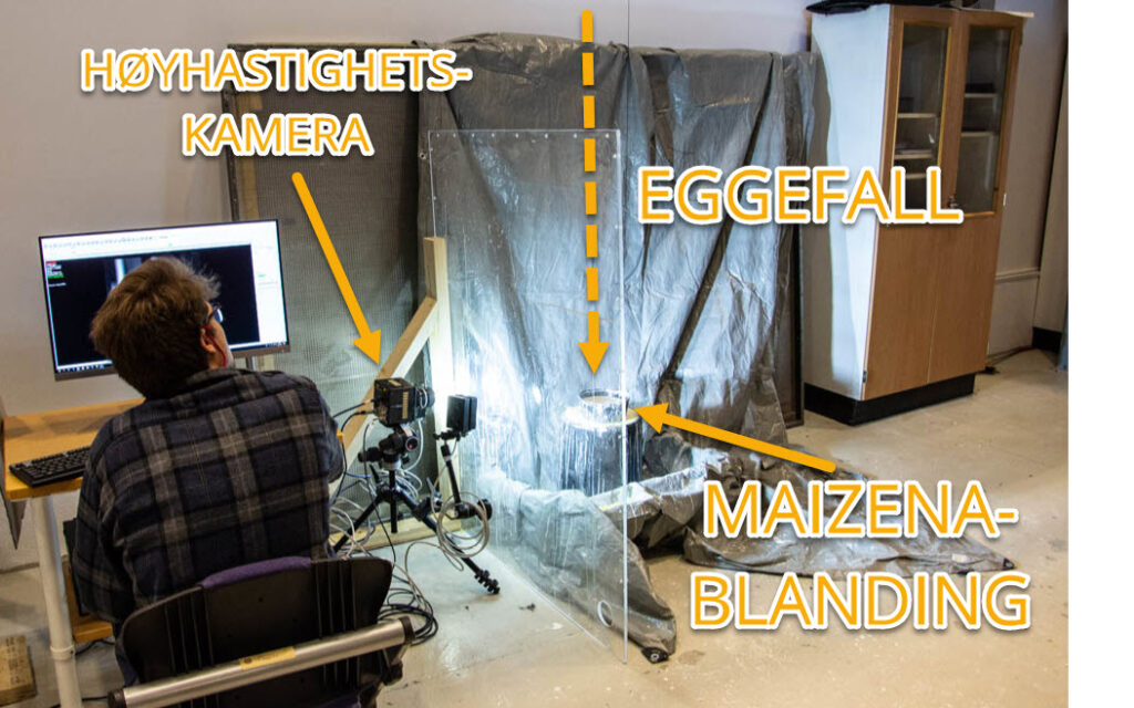 Et illustrasjonsbilde som viser et høyhastighetskamera over hvor egget skal falle i maizena-blandingen.