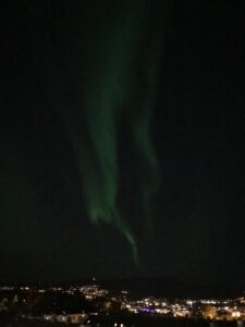 A photograph of the northern lights on the dark sky.