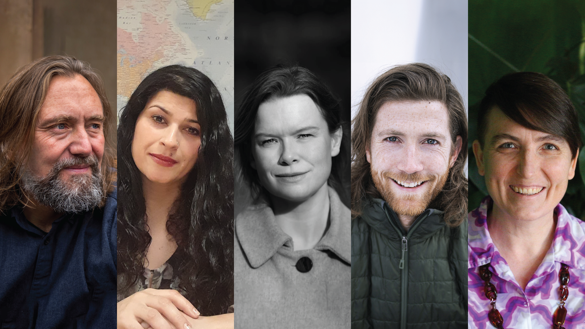 Dei nominerte til NTNUs litteraturpris 2023: Carl Frode Tiller, Mariam Rasouli, Kari Anne Bye, Michael Stilson og Kristin Ribe.