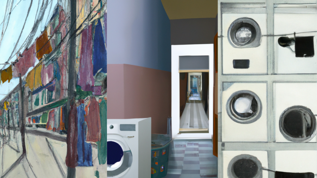 Bildemontasje av illustrasjoner av klesvask og tørketromler.